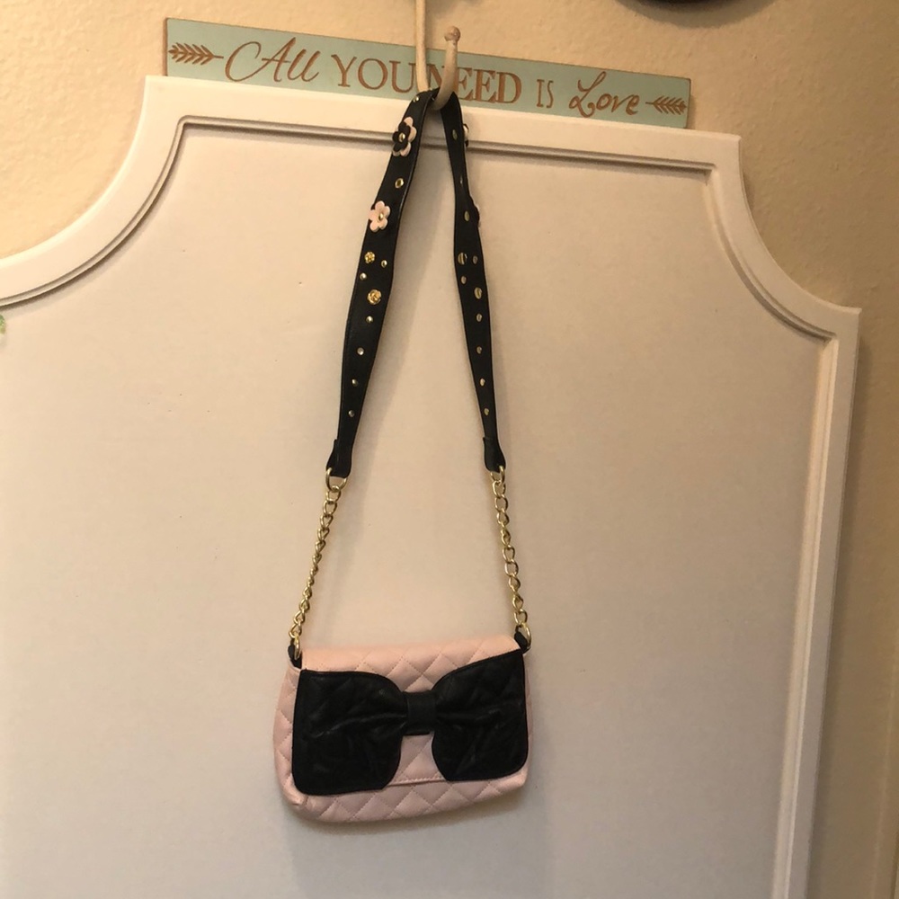 Betsey Johnson Pink Shoulder Bag with Black Bow! Worn Once! Bag for Wedding!
